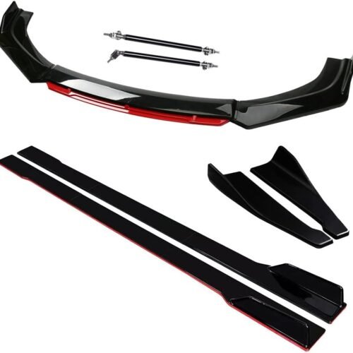 Front Bumper Lip Spoiler and Side Skirt Kit with Splitter Rods