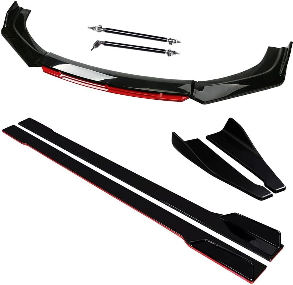 Front Bumper Lip Spoiler and Side Skirt Kit with Splitter Rods